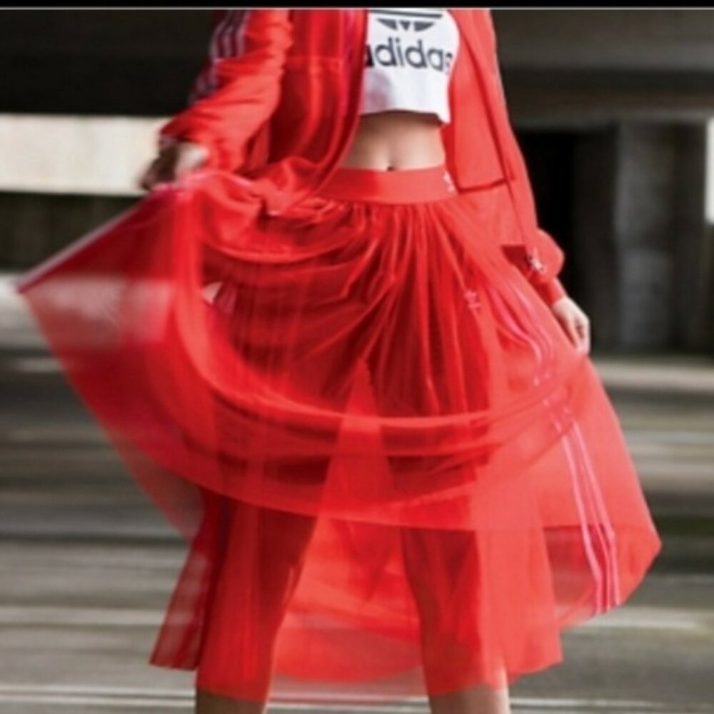 💥HOT ITEM!💥ADIDAS Edgy Chic Pleated Tulle Midi Skirt in Bright Red - Picture 4 of 14